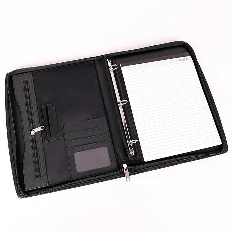 Business resume interview leather contratible portfolio padfolio tablet sleeve big pocket card slot pen holder handle
