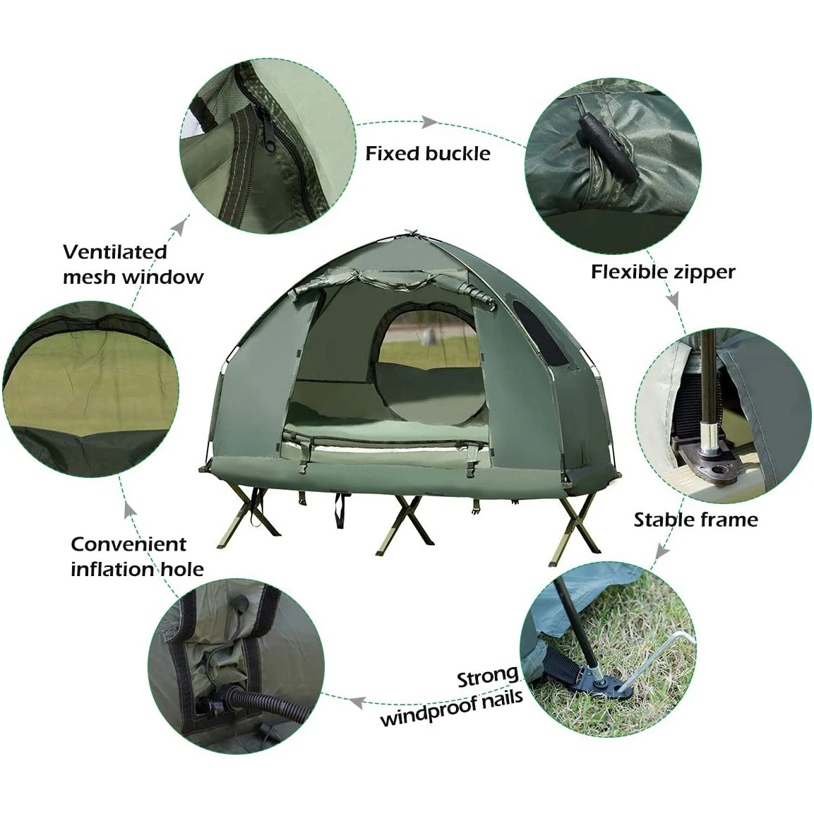 Outdoor Hiking 1-Person Elevated Tents Foldable Camping Cot Tent with Air Mattress and Sleeping Bag
