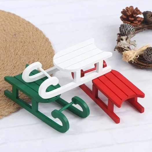 Wood Christmas Sled Ornament Miniature Wooden Sleighs Fairy Garden Figurine DIY Craft Dollhouses Decor M3400