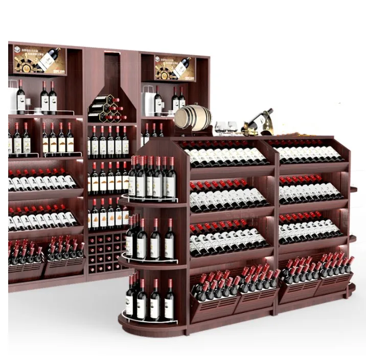 supermarket wooden Vin rouge display cabinet,red wine display rack for retail store