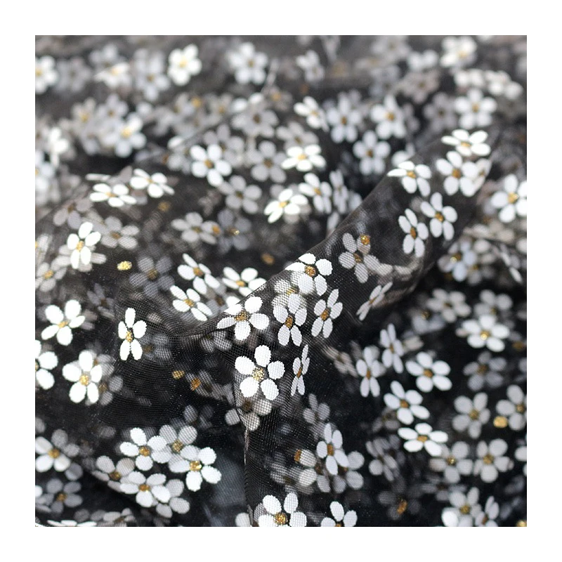 Cheap floral daisies soft mesh fabric lace tulle fabric decorative cloth offset printed fabric for kids dress