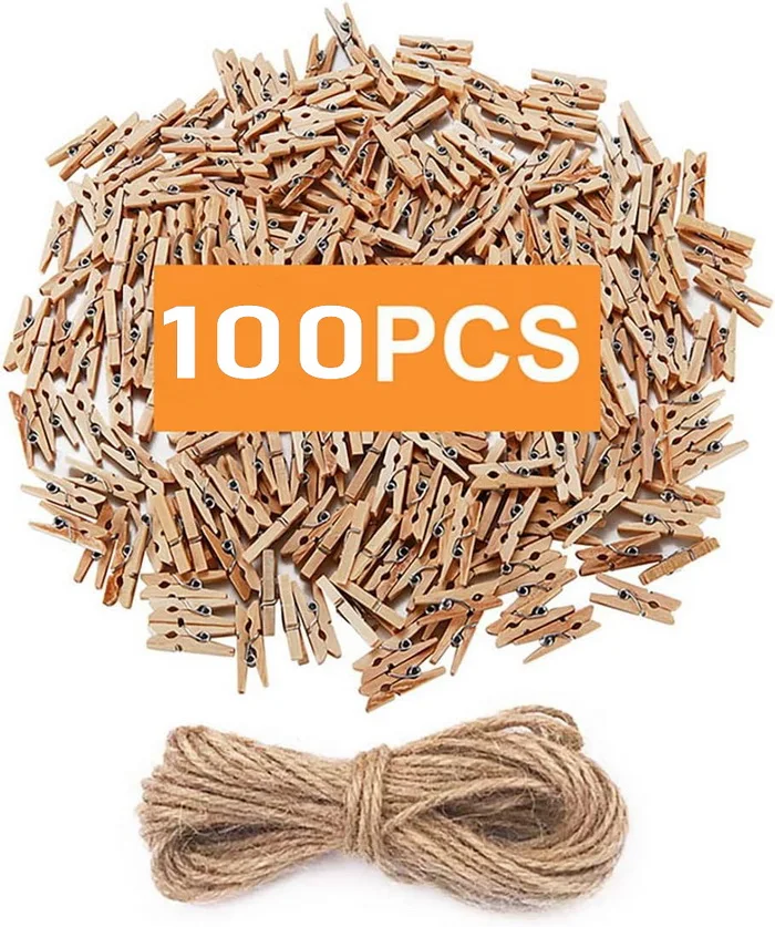 100PCS 1INCH Mini Clothespins Natural Wooden Clothespins with 33 Feet Jute Twine Multi-Function Clothespins Photo Paper Peg Pin