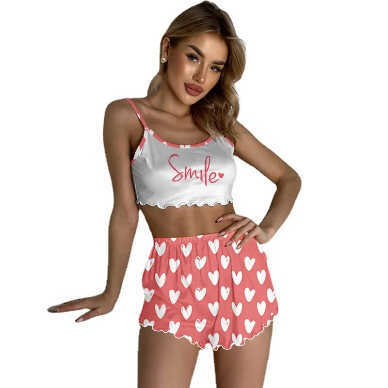 Wholesales Summer Women Sleeveless Sexy Silk Sling Shorts Pajama   Cute Sweet Pattern Sleepwear Set Pajamas