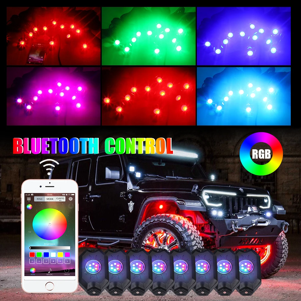 RGB Rock Light Kit Neon Underglow MusicWaterproof 12V With App/Blutooths Rock Lights For Jeep Offroad Atv Utv Suv