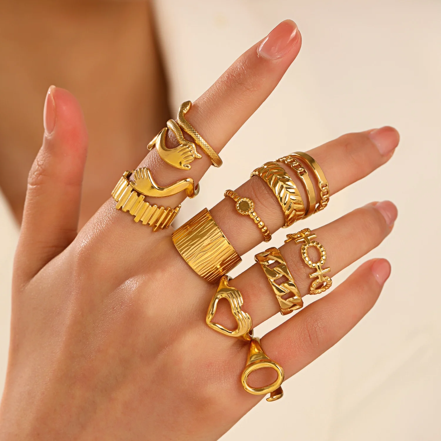 Stainless Steel Jewelry Rings For Women 18k Gold Plated Link Chain Geometric Twisted Wide Band Open Adjustable Rings