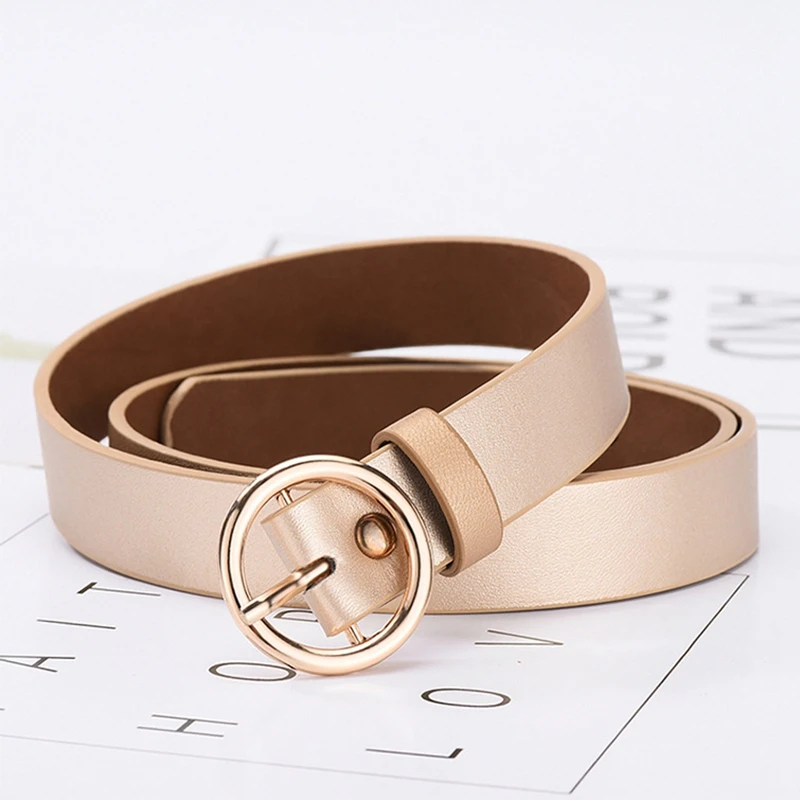 Newest Design Custom Simple Multi Color Gold Round Metal Circle Buckles Women Pu Leather Belt