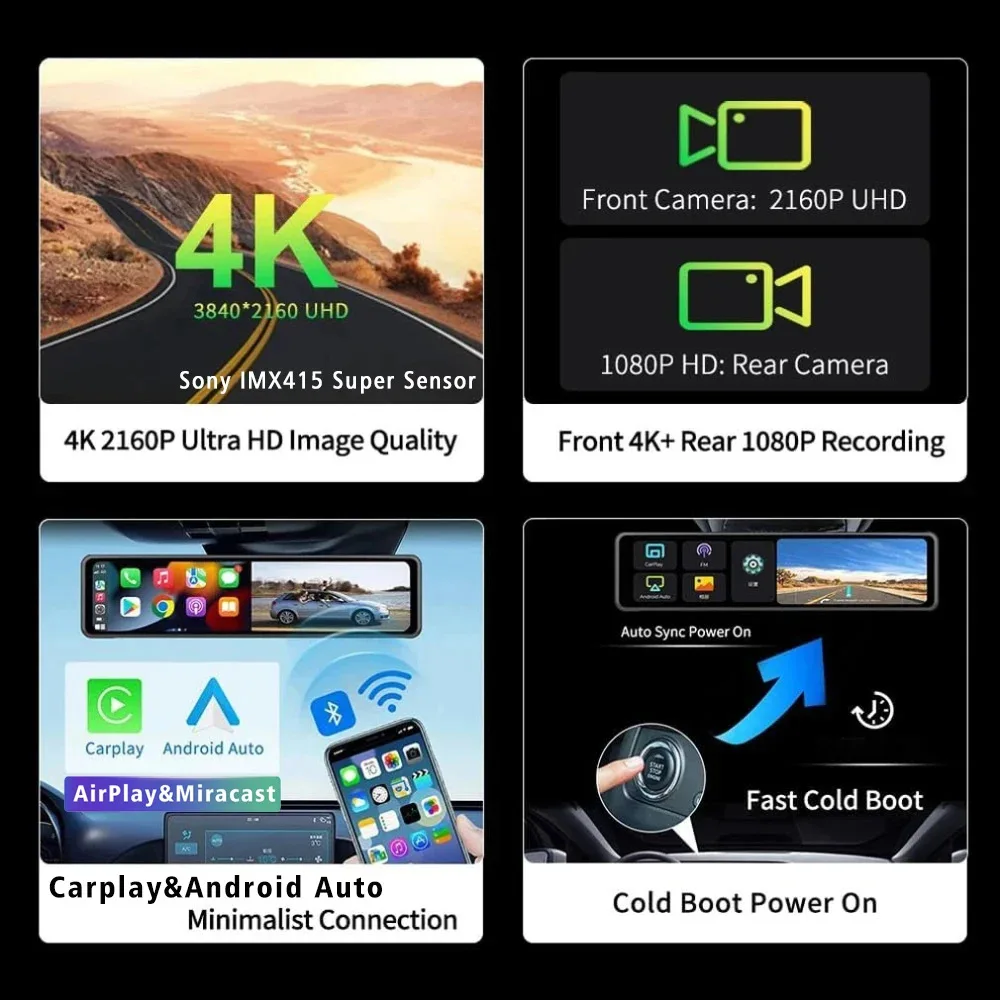 11 Inch 4K 3840*2160P Car Dash Cam Carplay & Android Auto Rearview Mirror Video Record WIFI Loop Record Phone APP Car Dvr