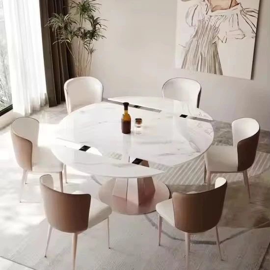 Light luxury Table Pink Marble Dining Table Set 6 Chairs Gold Metal Steel Stainless Simple Modern Furniture Round Table