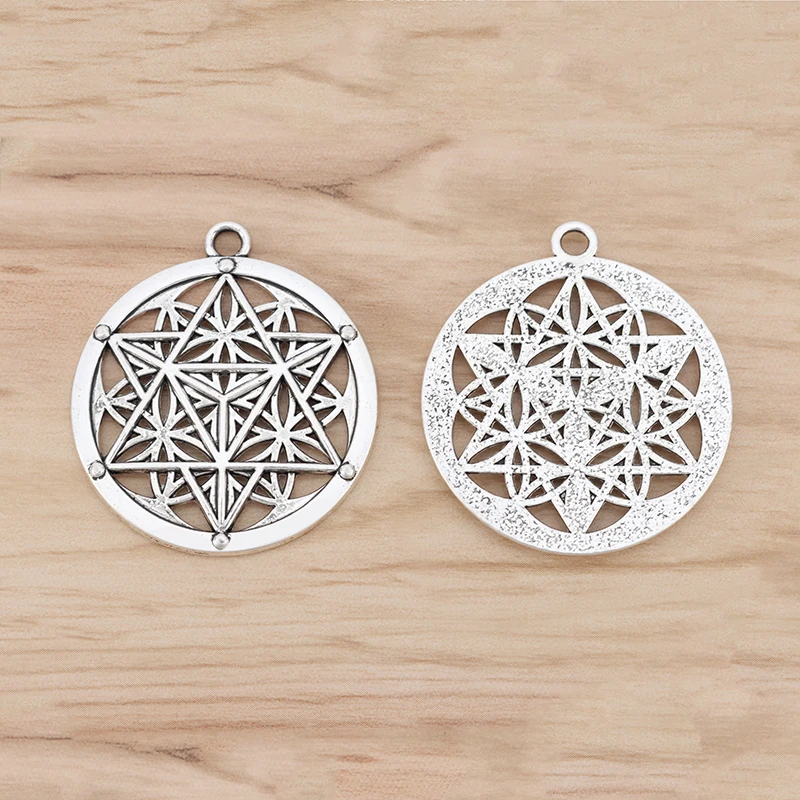 Antique Silver Tone Flower of Life Merkaba Sacred Geometry Round Charms Pendants For Necklace Jewelry Making