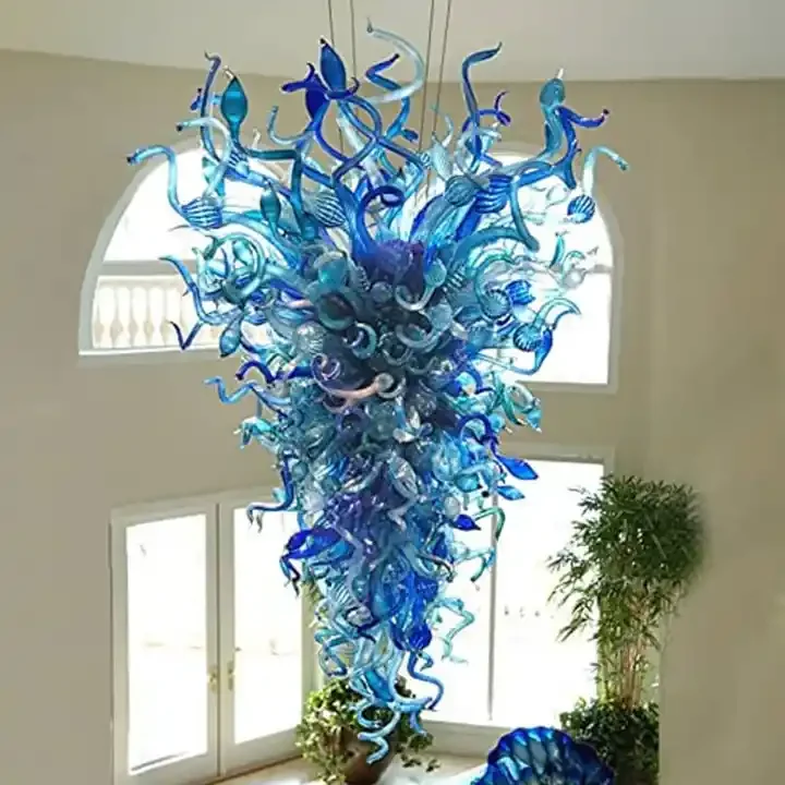 Customized Hotel Pendant Light Blue Colored Modern Luxury Art Blown Glass chihuly style unique design large glass chandelier