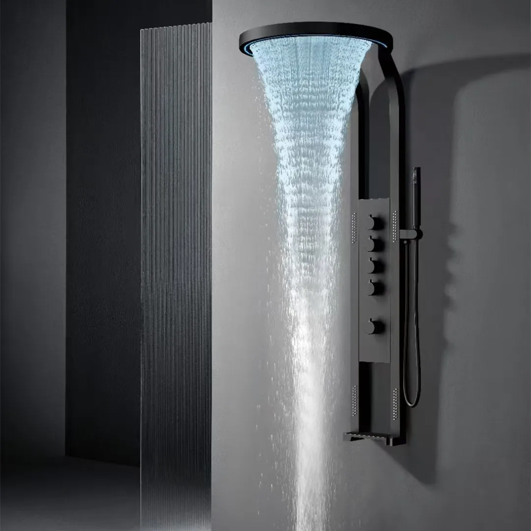 2024 newest design tiktok  gun gray brass wall mounted smart led bathroom waterfall water mist spray shower panel