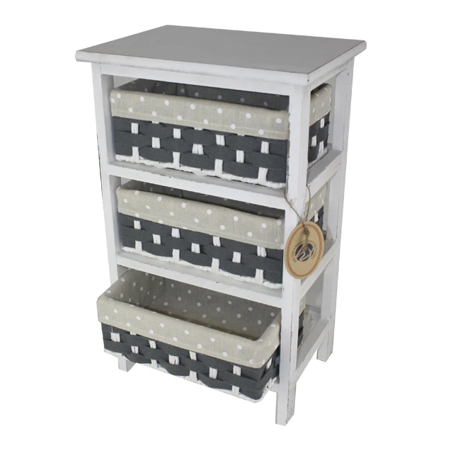 Shabby Chic White Bedside Table Storage Chest With Wicker Storage Basket Distressed Wood Cabinet 3 Tier Drawers