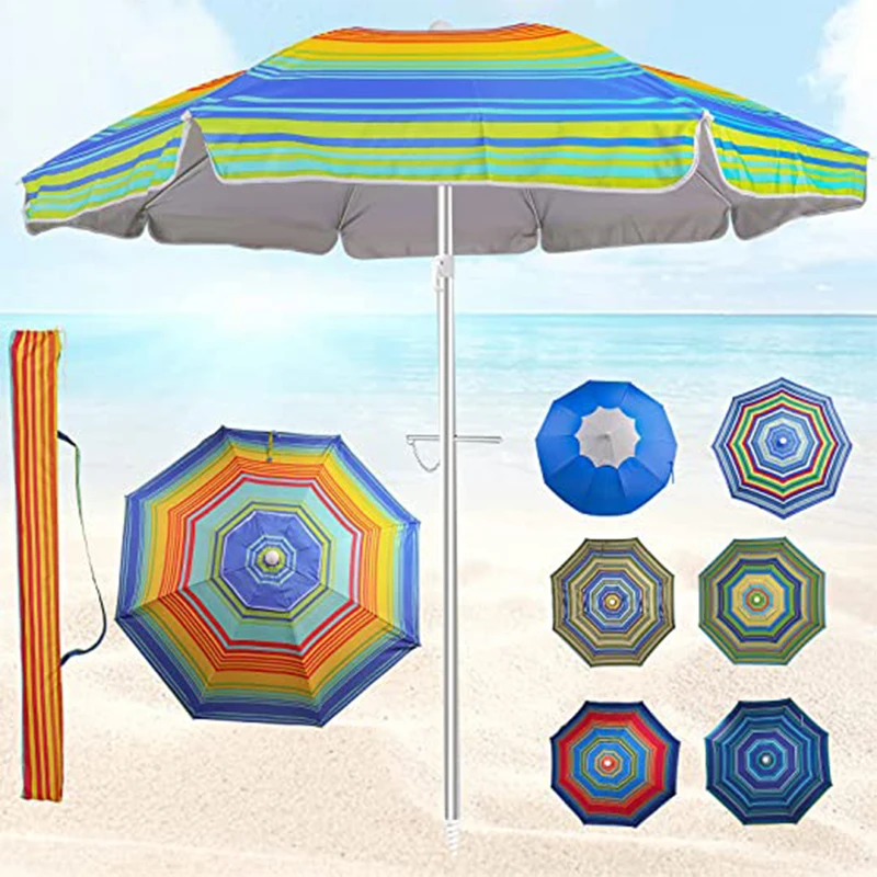 Outdoor 6.5Ft Sunshade Stripe Pattern Beach Umbrella with Steel Frame and Tilt Use in Restaurant and Garden