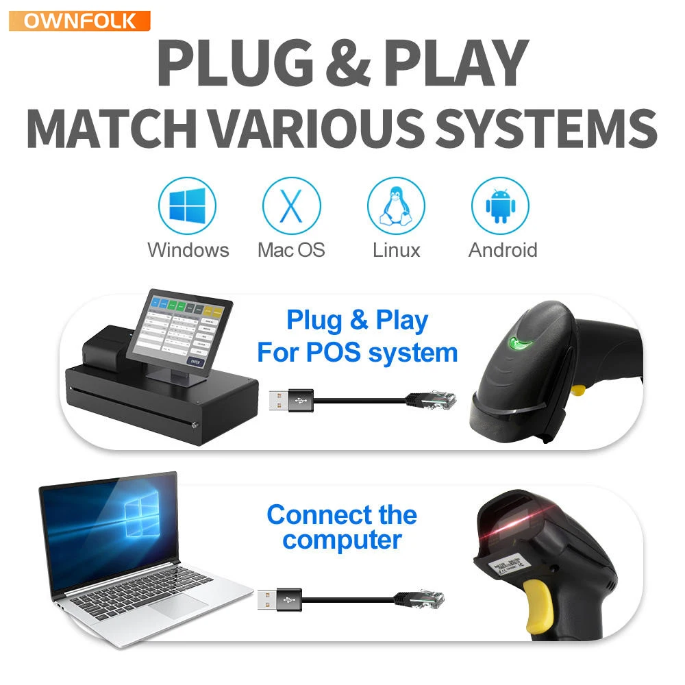 OWNFOLK Laser CCD CMO Scan wired Bar Code Scanners Reader Corded Handheld 1D 2D QR Barcode Scanner for supermarkets