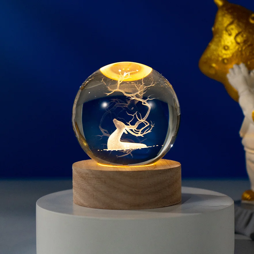 3D Crystal Ball Lamp with LED Wooden Base Desktop Home Decor Cloud Luminous Night Light