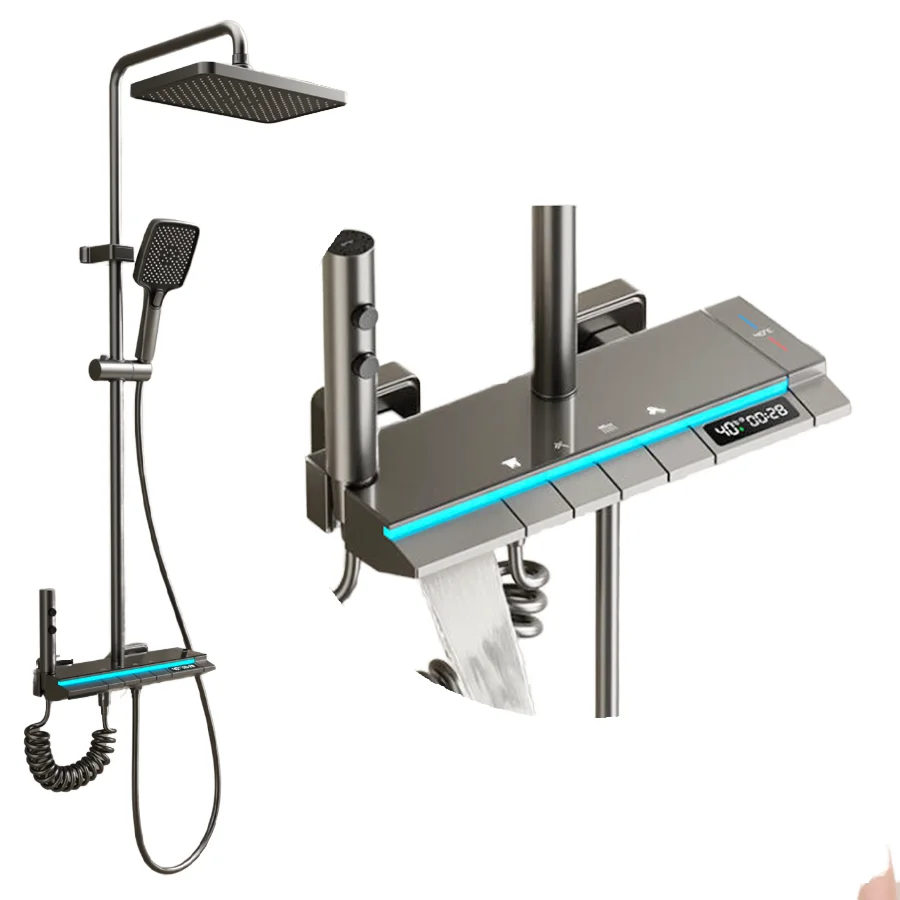 Kahnos Modern Black Brass Thermostatic Rain Faucet Smart Digital LED Piano Keys Bathroom Shower Set