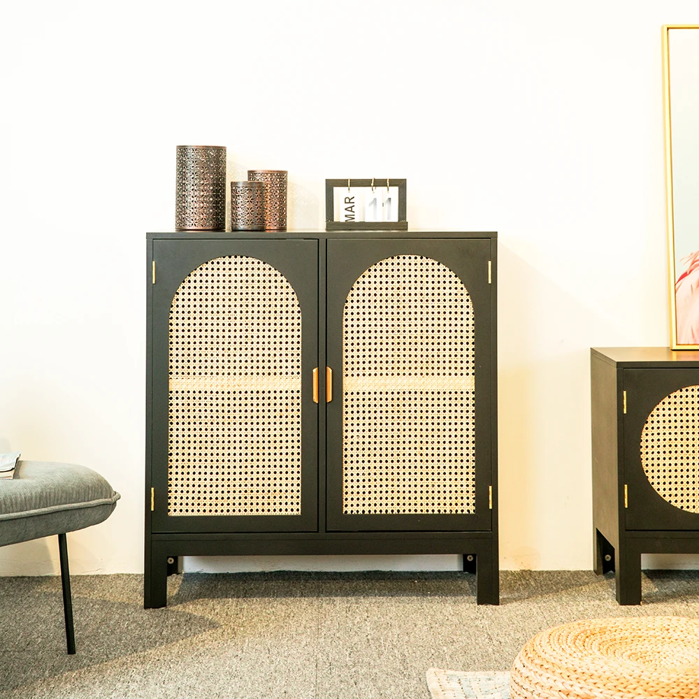 Custom High End Living Room Cabinets Double Door Pe Rattan Storage Cabinet Wooden Black Cane Rattan 2 Door Cabinet