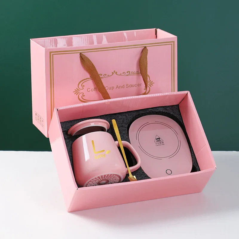 Warmer Cup Heater Cup Constant Temperature Heating Coaster Insulation Ceramic Mug With Heating Base Spoon 55 Degrees Celsius