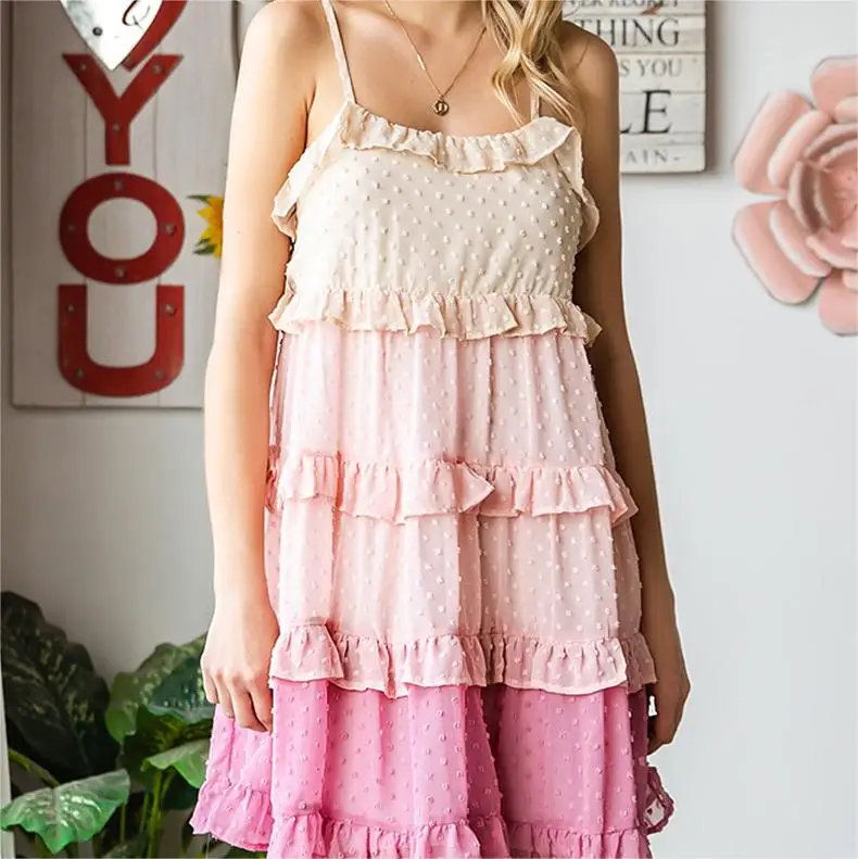 Korea Modern Knee Length Dress Summer Sleeveless  Pink Causal Pleated Nice Short Chiffon Dress For Ladies