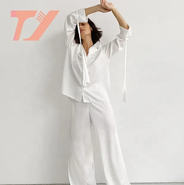 Custom logo Ice snow silk white lengthen shirt pajamas solid color lapel 2 piece suit home autumn sleepwear for women