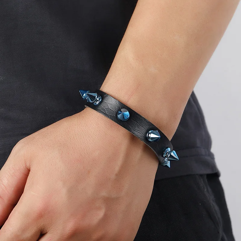 2021 new design Punk style PU Leather Bracelet blue spike  Men Personality Bracelet & Bangles jewelry for men