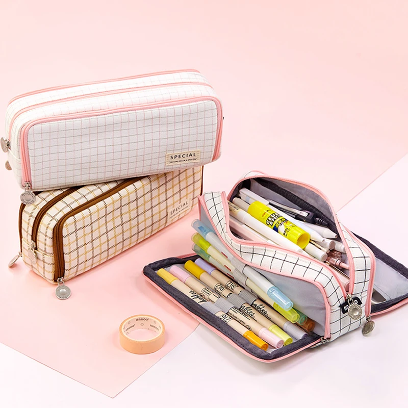 Angoo Dual Side Open Pen Case Pencil Bag 3 Compartments Multi Color Grid Dots Pocket Storage Pouch Stationery School