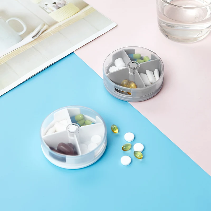 4 cell round pill box Office worker portable medicine box rotary sealed moisture-proof pill dispensing box in stock