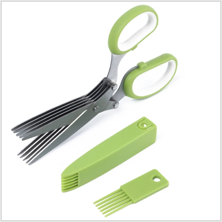 Household Kitchen Scissor Stainless steel 5 blade Herb Scissors with sheath and brush