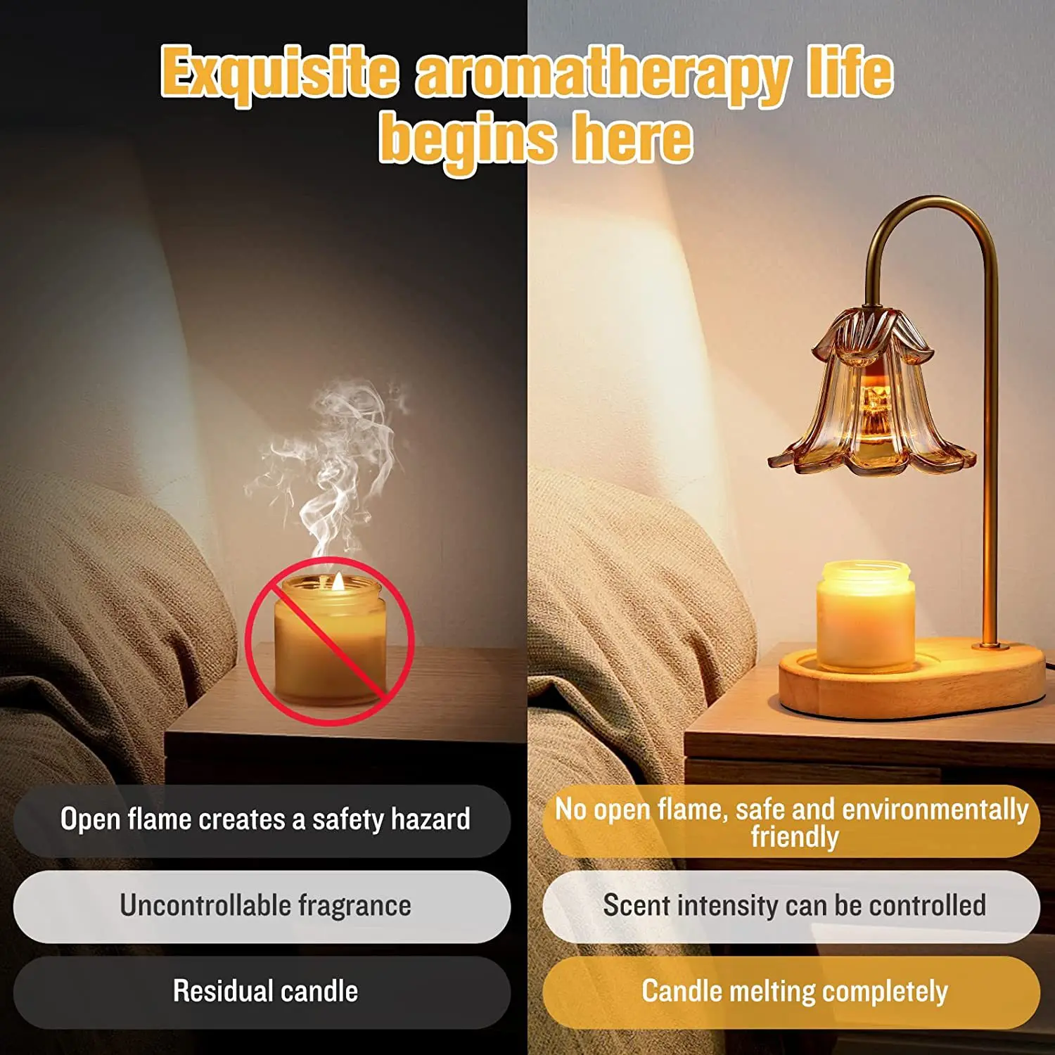 Solid Wood Base New Fire Free Glass Essential Oil Electric Candle Warm Lamp