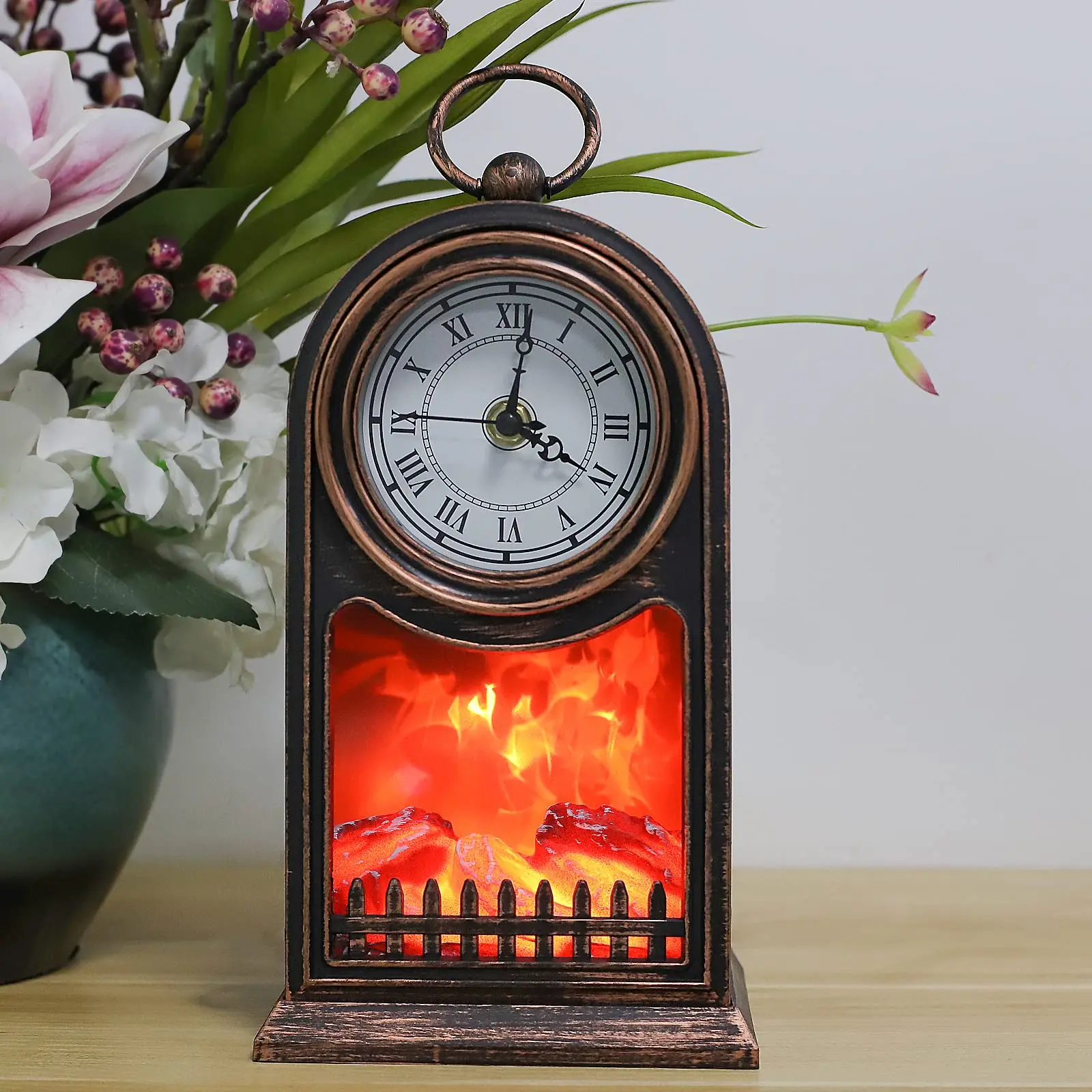 Hot Sale Fireplace Lantern, Decorative Lanterns for Indoors with Clock USB and Battery Operated Tabletop Fireplace,best selling