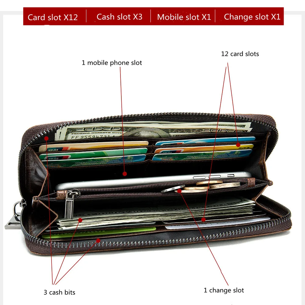 TIDING Genuine Cowhide Leather Hand Wallet Crocodile Pattern Embossing Long Leather Wallet for Men