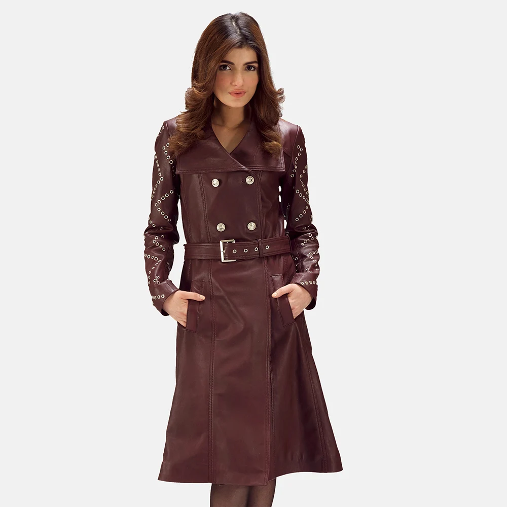 
Wholesale High Quality Red Long Overcoat Leather Coats Women 