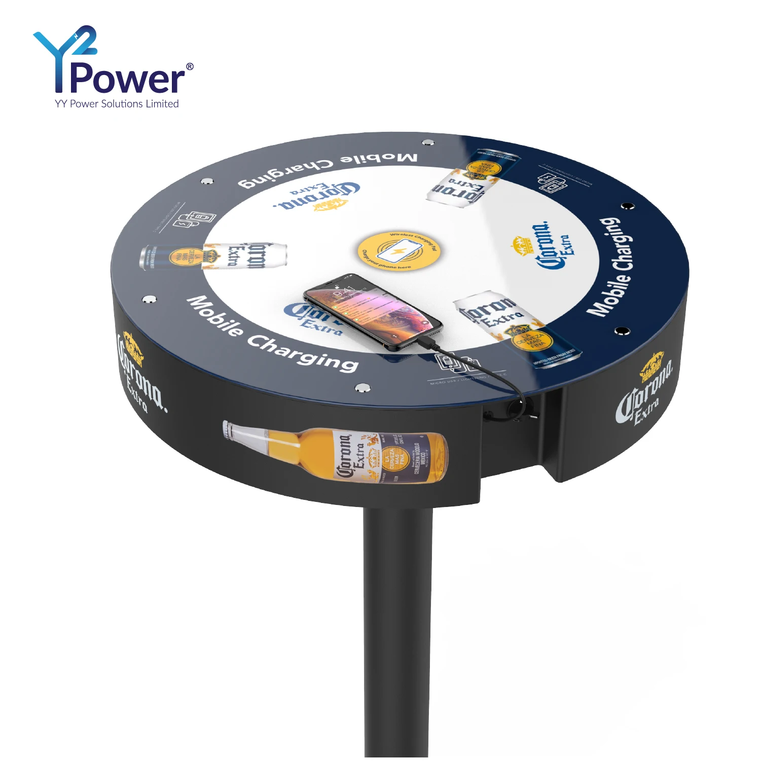 Y2Power RIO Power Charging Table  with Self-Retractable Cables and Wireless Charging Pad Glass Table for Public Places