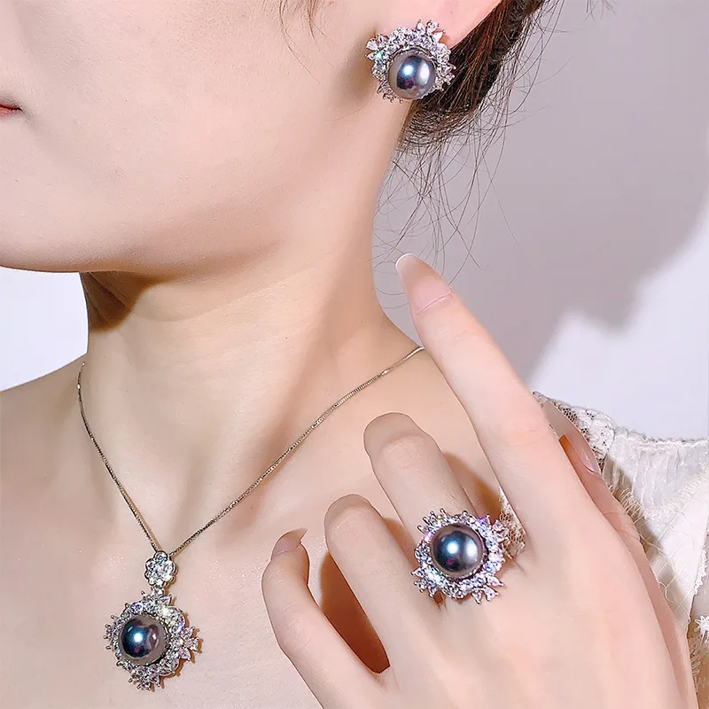 Красивые ювелирные изделия жемчужное ожерелье кольцо серебряные серьги новый набор из трех предметов