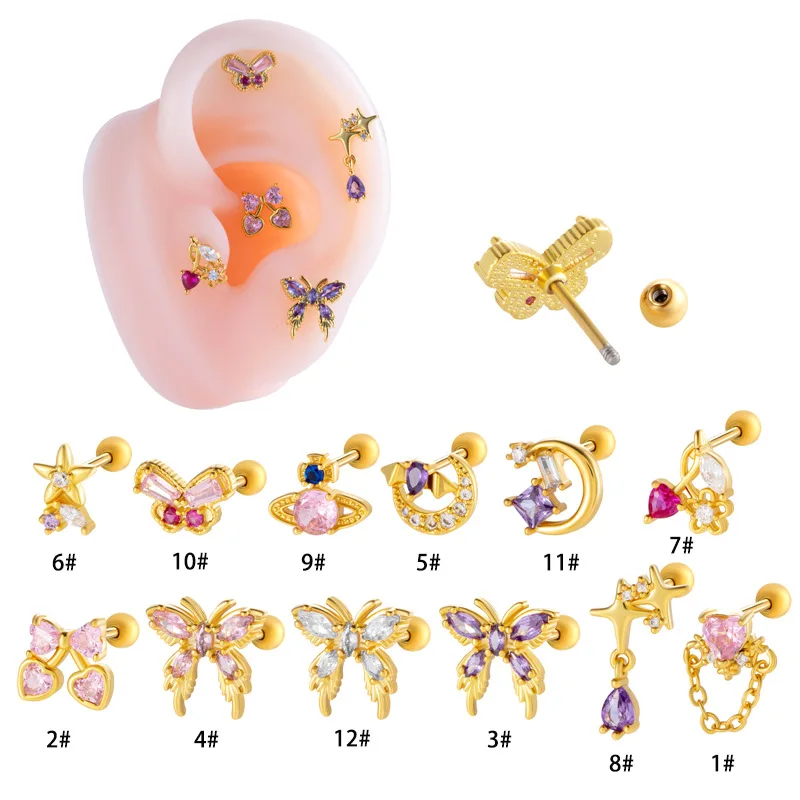 New Stainless Steel Rod Copper Inlaid Zircon Sweet Girl Feeling Butterfly Cherry Joker Cartilage Puncture Ear Bone Nail Jewelry