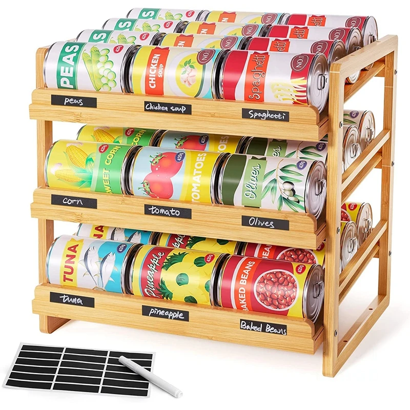 Bamboo Can Rack Organizer, 3 Tier Stackable Can Storage Rack, Can Holder Storage Organizer