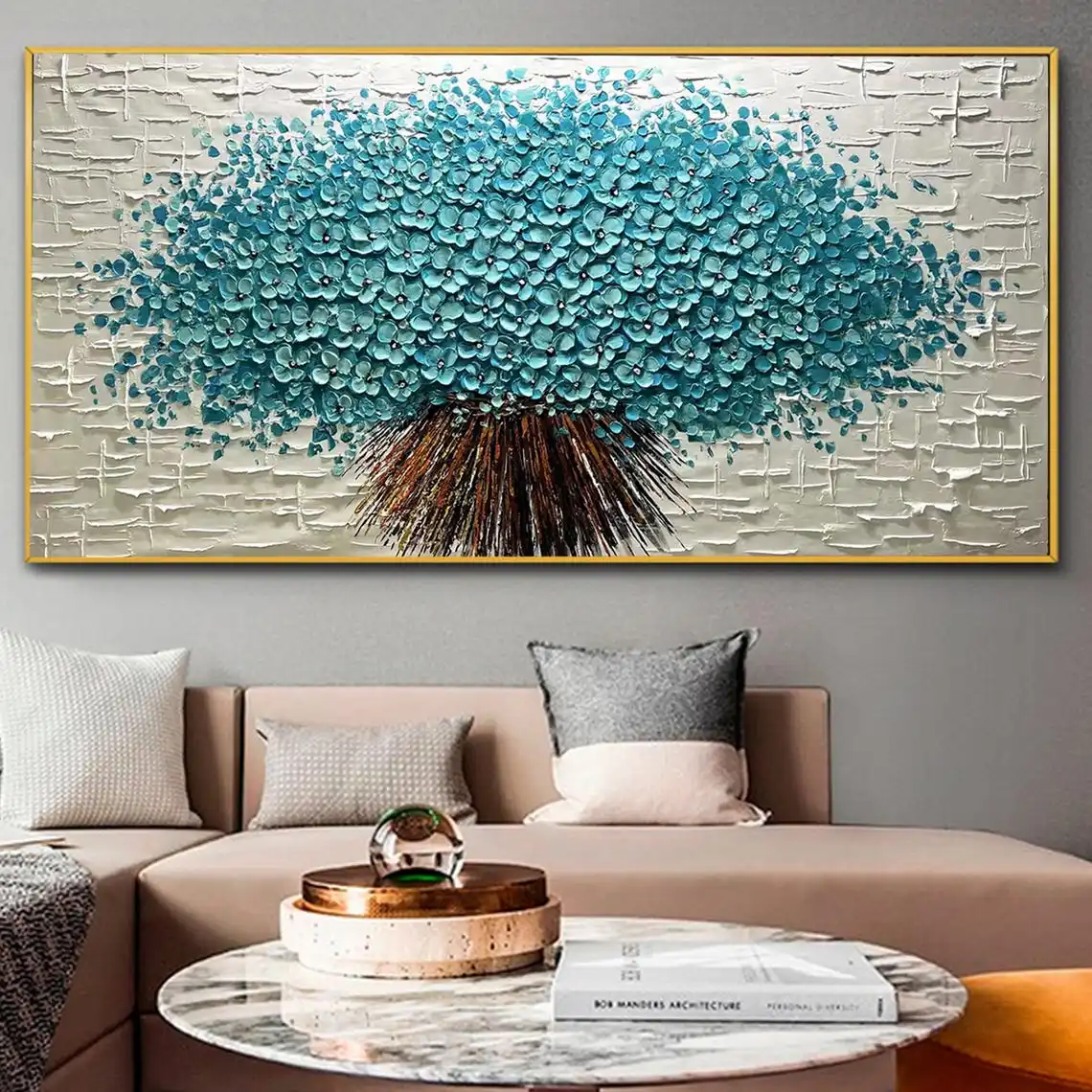 SQ100% hand painted Large Abstract Blue Flower Oil Painting Thick Textured Subdued Color Tones beautiful painting for Home Decor