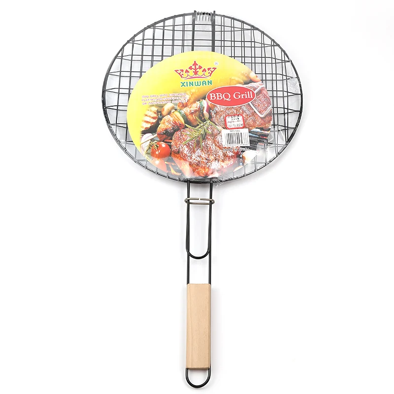 Fish Meat Roast Grates Wood Handle Metal Cooking Round Grid Net Barbecue Grill Wire Mesh BBQ Accessories