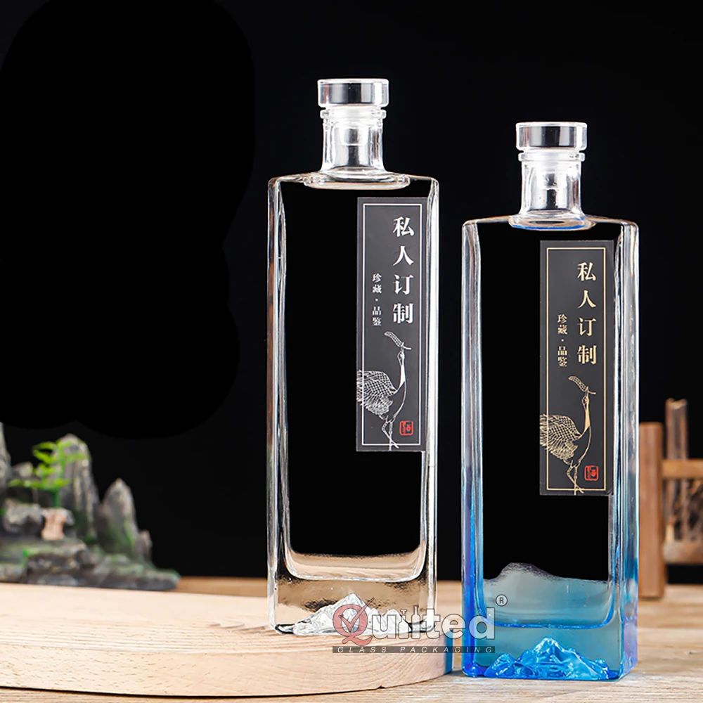 Sealed Unique carved flat Rectangle Shaped Clear Glass Liquor Bottle Rum 500ml Nordic Gin Whiskey Vodka Liquor Spirit Bottle