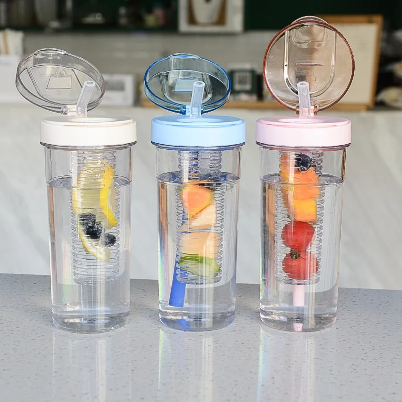 Summer hot selling student lemon juice clear filter plastic water bottle ins outdoor sport bottle with straw