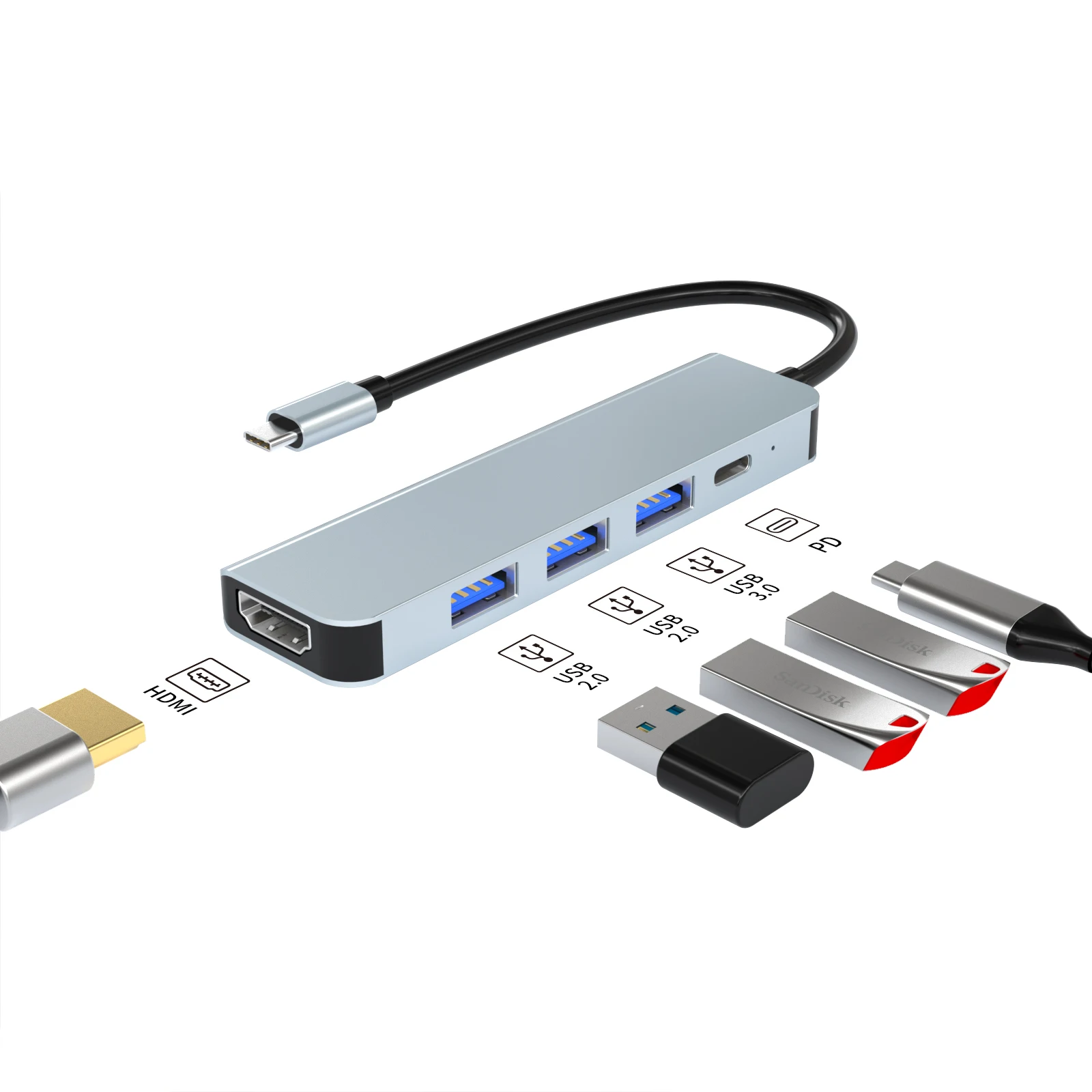 Тип c концентратор HD-MI 4K PD 87 Вт USB3.0 USB2.0 * 2 usb hd-mi прямо со склада 5 в