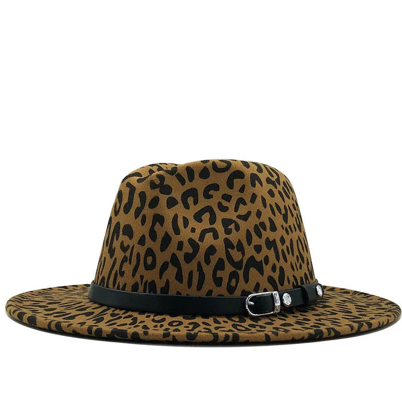 
Fashion Leopard Wool Felt Music Festival Party Cowboy Hats Men Women Fedora Hats with Leather Belt Buckle Wide Brim Panama Hats 