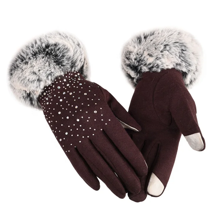 Plus velvet winter Girl rhinestone full finger gloves
