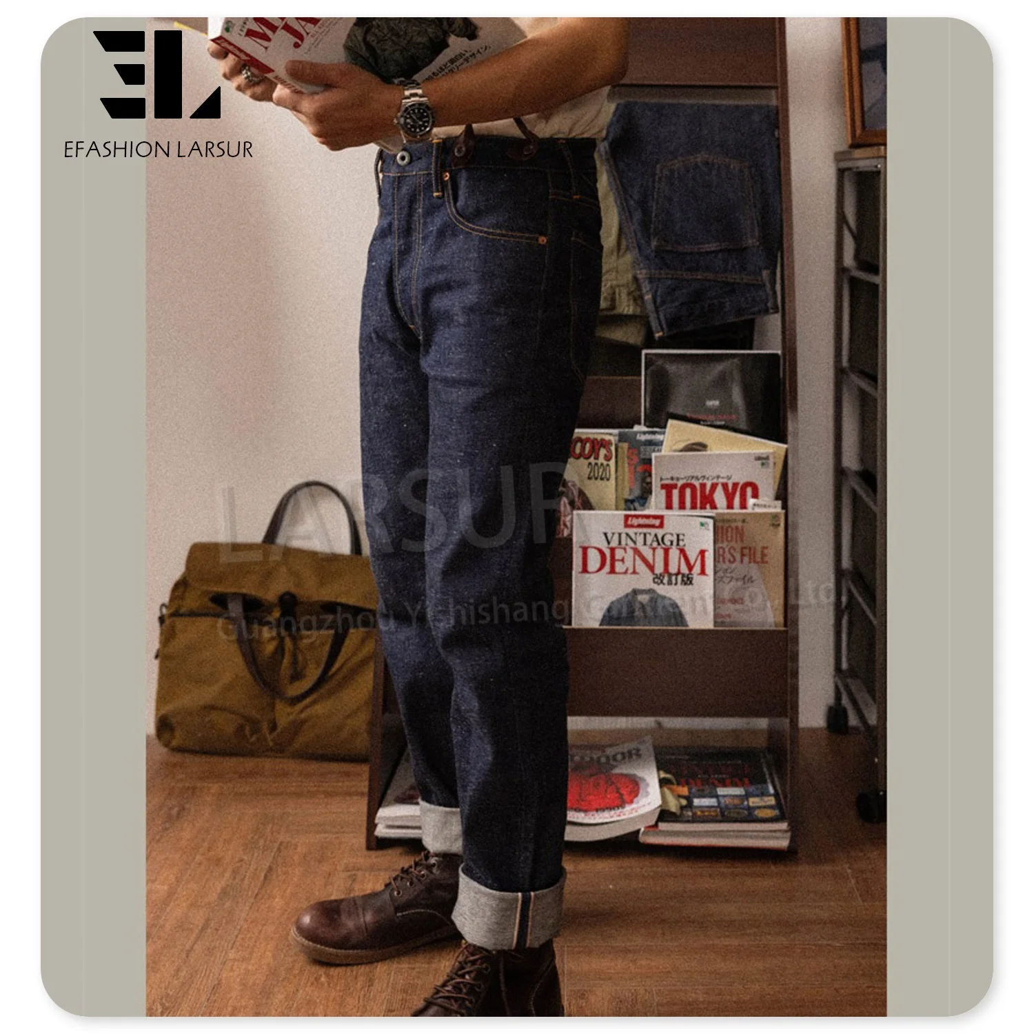 LARSUR Custom denim manufacturer bukleback work raw selvedge denim jeans men paris buckle straight slim red selvedge denim pant