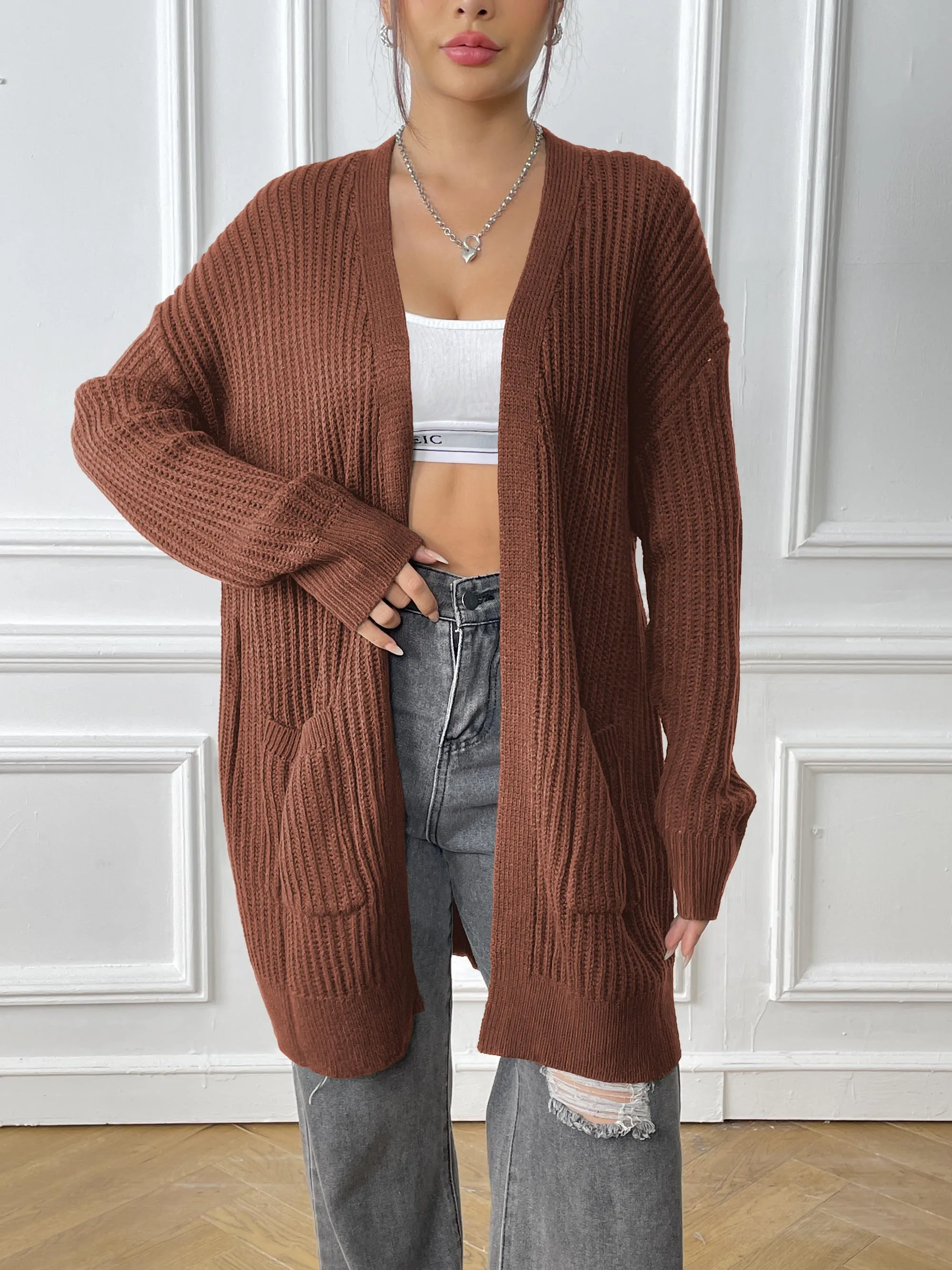 Women cropped Ribbed Long Sleeve Solid Color Basic Knit Cardigan jacket  Ribbed Open Front Sweater Women Cardigan Sweaters coat