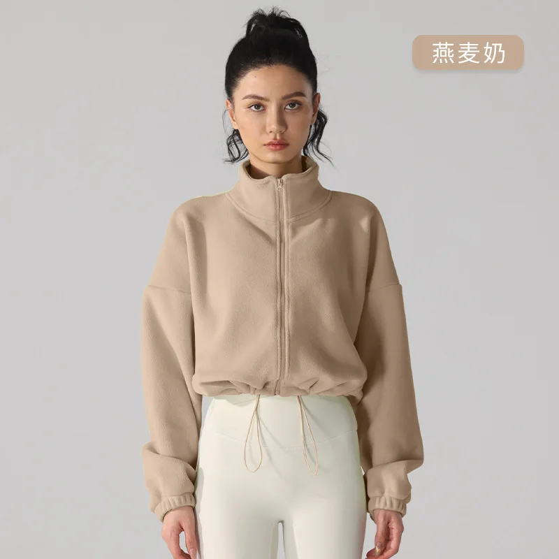 Womens Clothing Winter Outfits Thick Stand Collar Fleece Yoga Jacket Gym Fitness Sportswear Casual Warm Long Sleeve Yoga Coat