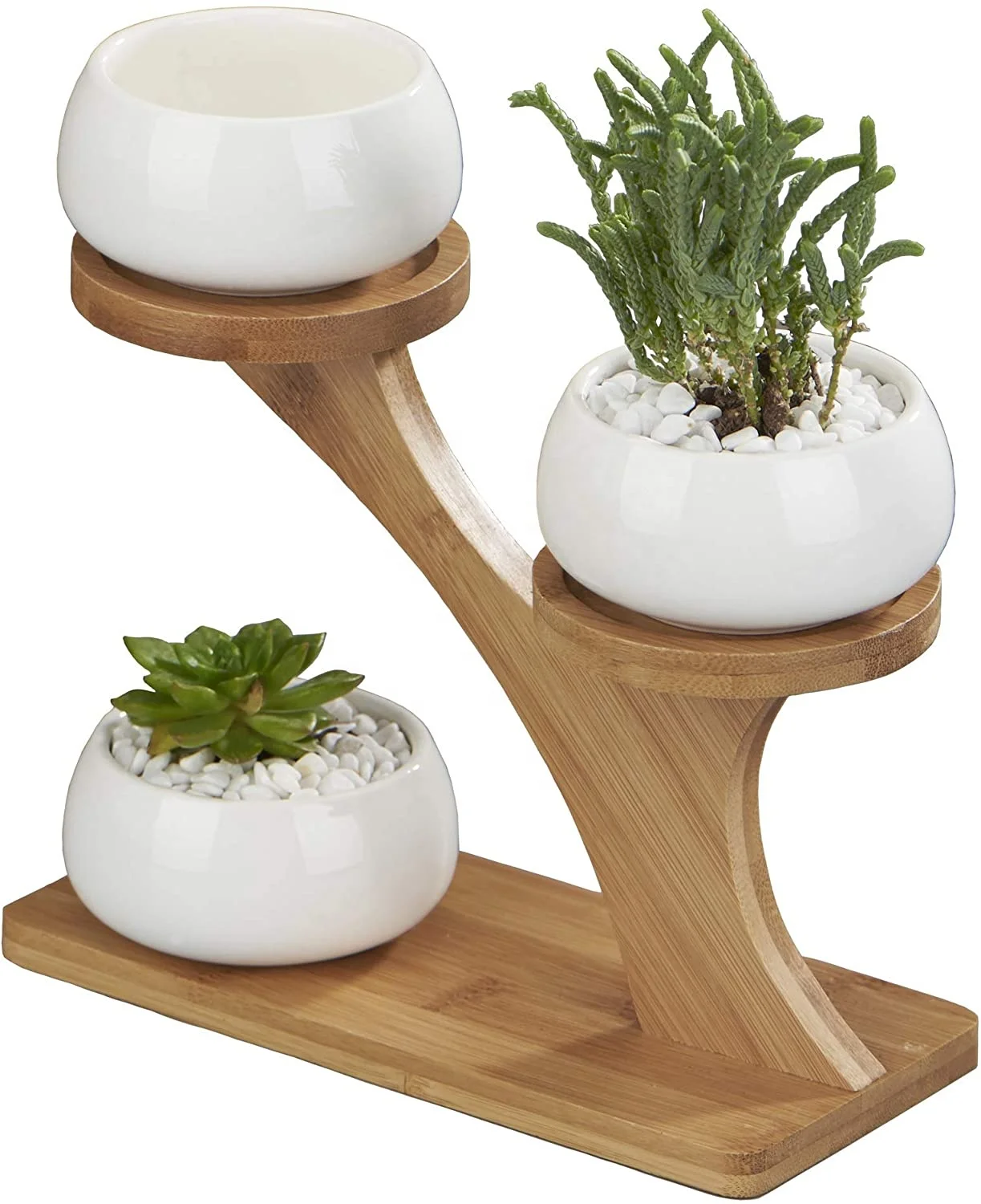 Bamboo Stand for Office Desk Garden Kitchen Home Decorations 3 Tier Planter Pots Indoor Outdoor, with 3 Pots