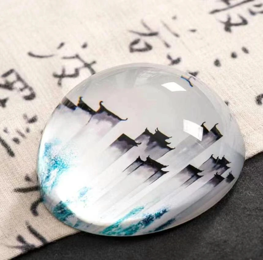 Polished Half Sphere Crystal Dome Paperweight UV Printed Folk Art Style
