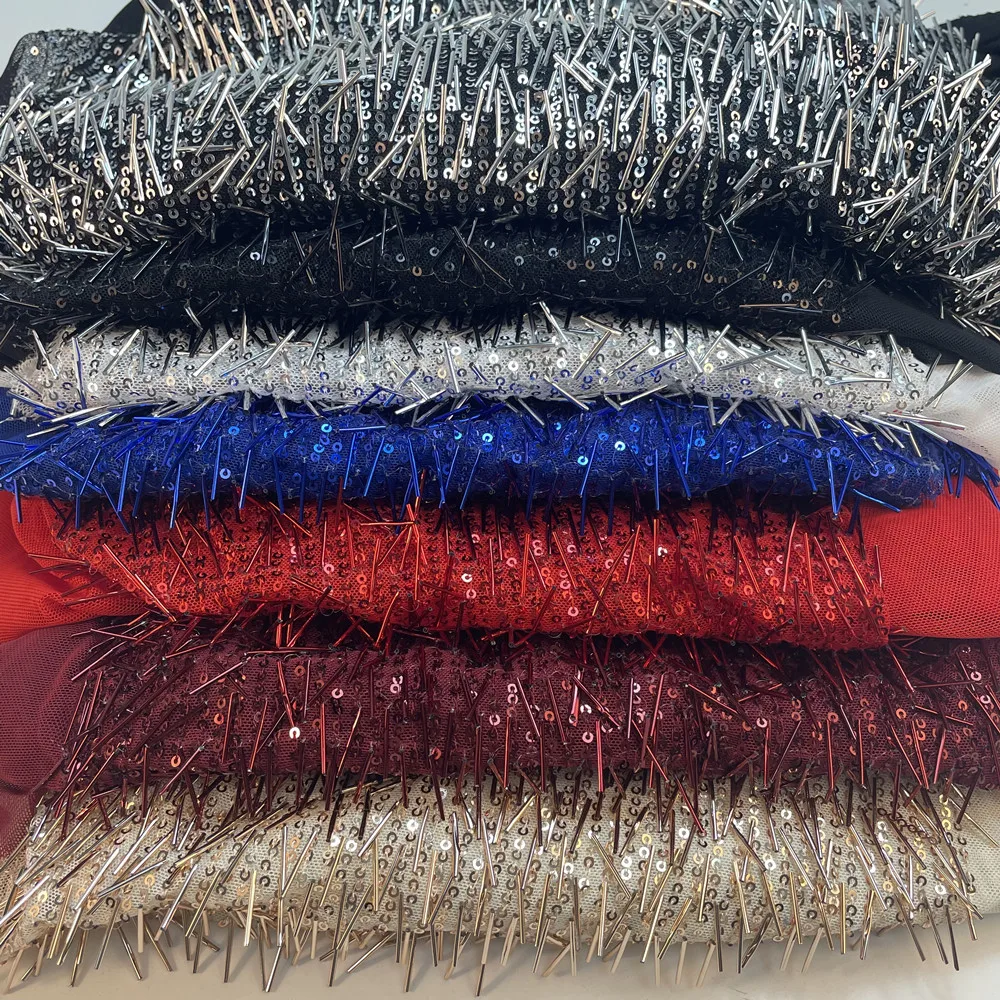 LIHUAN Custom 3D Geometric Design Chainmail Sequin Fabric Lace Mesh Beaded Sequin Embroidery Fabric With Glitter For Party Dress