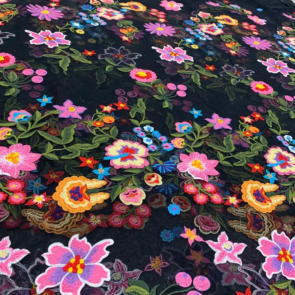 popular summer black color flowers embroidery lace fabric dresses